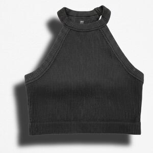 Aerie Black Ribbed High-Neck Halter Crop Top